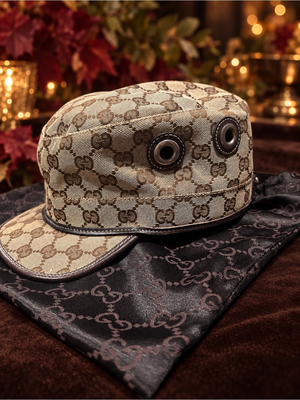 Gucci GG Canvas Military Cadet Hat Brown Beige Leather Trim XL